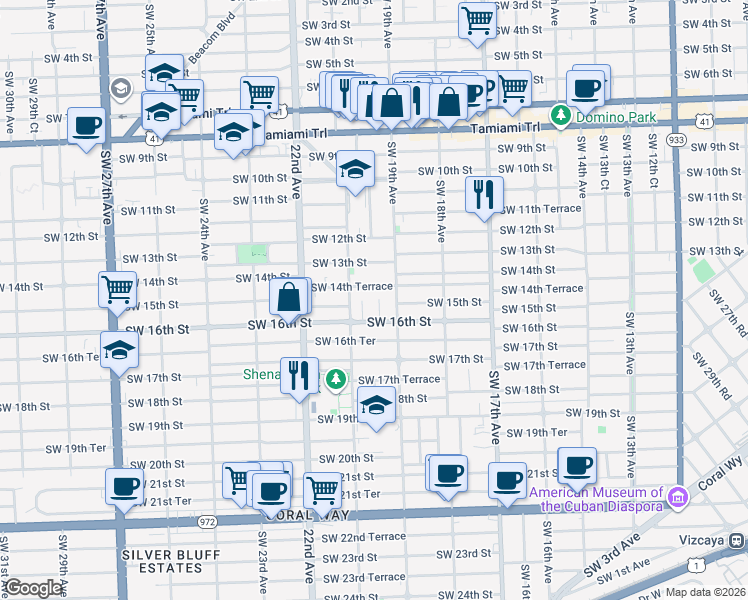 map of restaurants, bars, coffee shops, grocery stores, and more near 2023 Southwest 14th Terrace in Miami