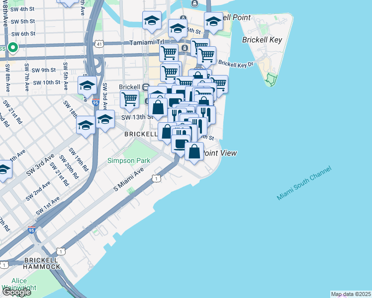 map of restaurants, bars, coffee shops, grocery stores, and more near 1401 Brickell Avenue in Miami