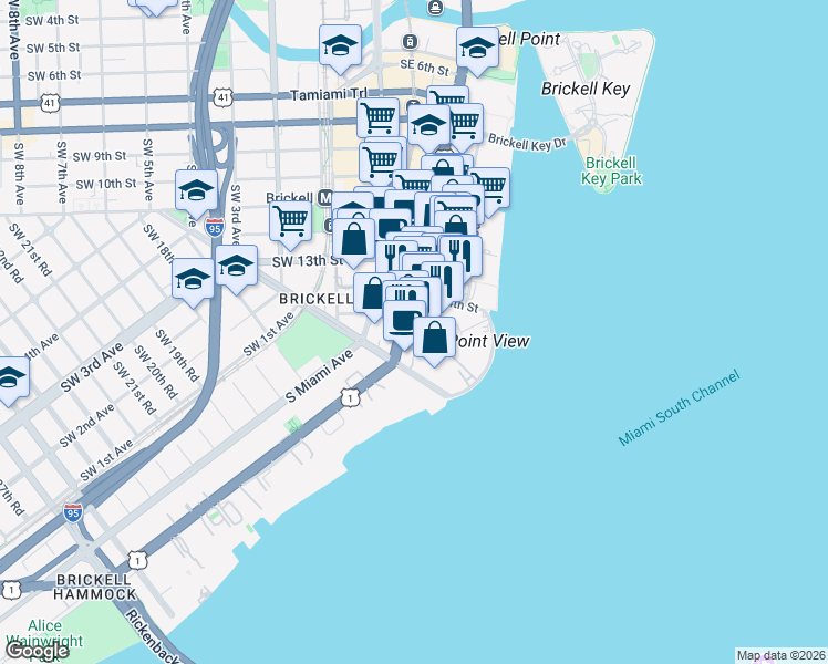 map of restaurants, bars, coffee shops, grocery stores, and more near 1401 Brickell Avenue in Miami
