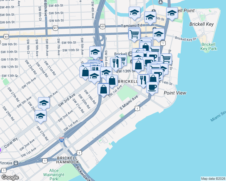 map of restaurants, bars, coffee shops, grocery stores, and more near 1600 Southwest 1st Avenue in Miami