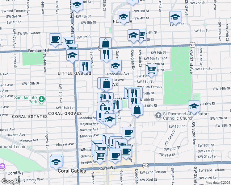 map of restaurants, bars, coffee shops, grocery stores, and more near in Coral Gables