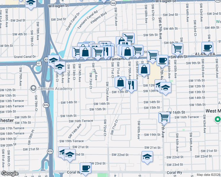 map of restaurants, bars, coffee shops, grocery stores, and more near 1115 Southwest 72nd Avenue in Miami