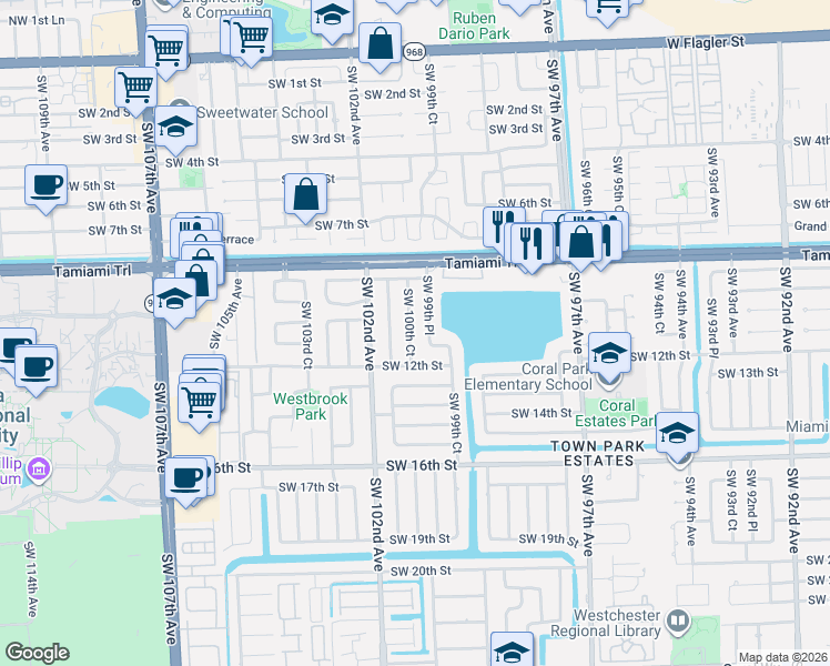 map of restaurants, bars, coffee shops, grocery stores, and more near 1010 Southwest 99th Place in Miami