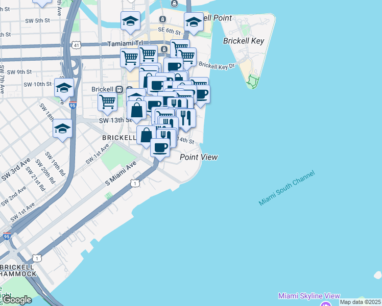 map of restaurants, bars, coffee shops, grocery stores, and more near 1408 Brickell Bay Drive in Miami