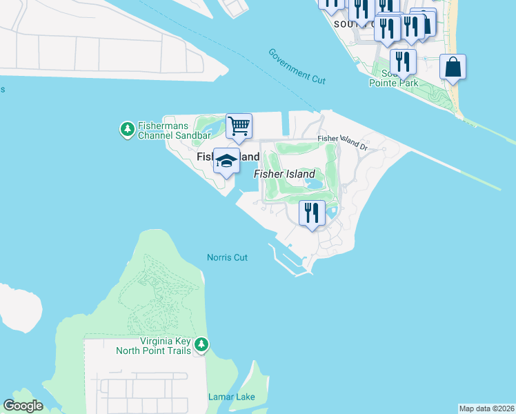 map of restaurants, bars, coffee shops, grocery stores, and more near 2437 Fisher Island Drive in Miami Beach