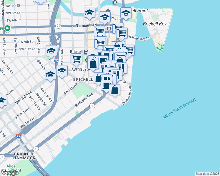 map of restaurants, bars, coffee shops, grocery stores, and more near 1425 Brickell Avenue in Miami