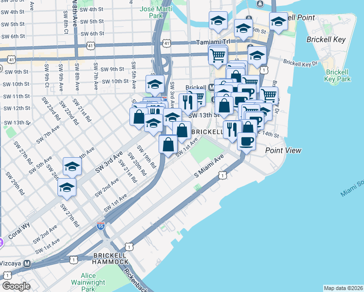 map of restaurants, bars, coffee shops, grocery stores, and more near 1600 Southwest 1st Avenue in Miami
