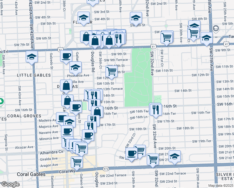 map of restaurants, bars, coffee shops, grocery stores, and more near 3430 Southwest 13th Terrace in Miami