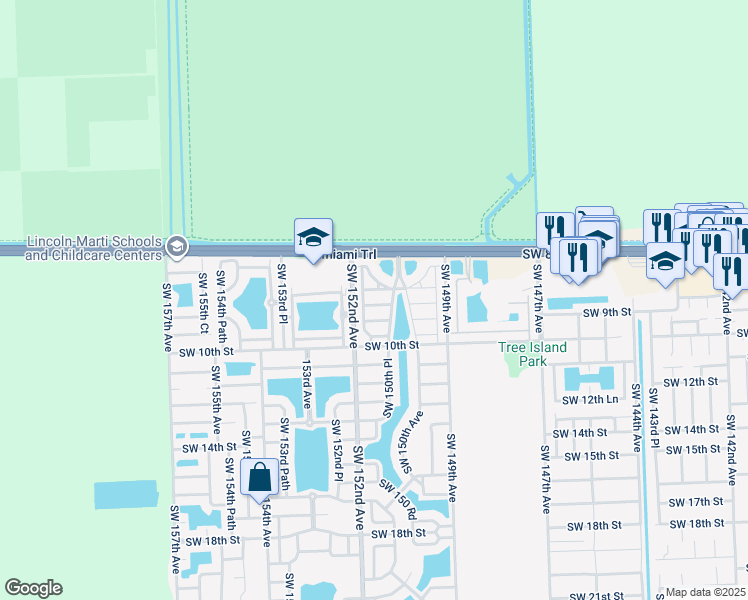 map of restaurants, bars, coffee shops, grocery stores, and more near 882 Southwest 151 Place in Miami