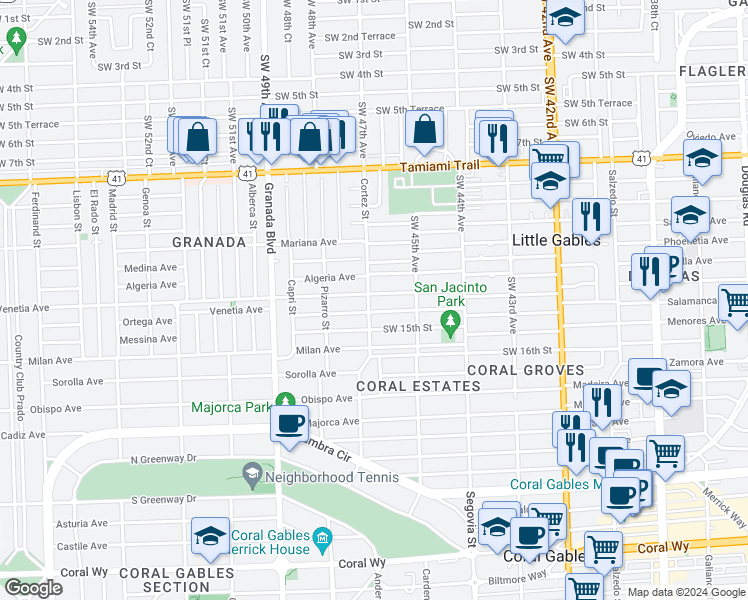 map of restaurants, bars, coffee shops, grocery stores, and more near 4698 Southwest 13th Terrace in Miami
