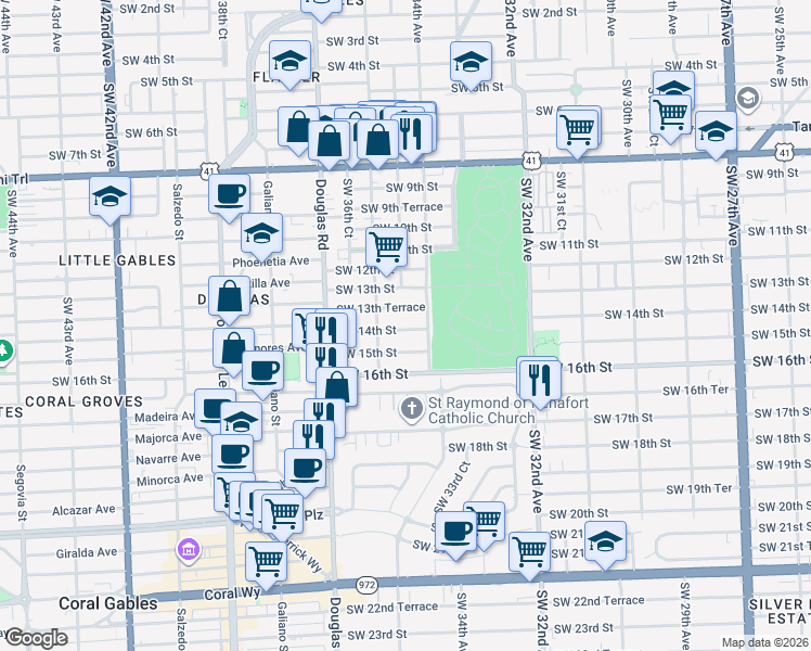 map of restaurants, bars, coffee shops, grocery stores, and more near 3430 Southwest 13th Terrace in Miami
