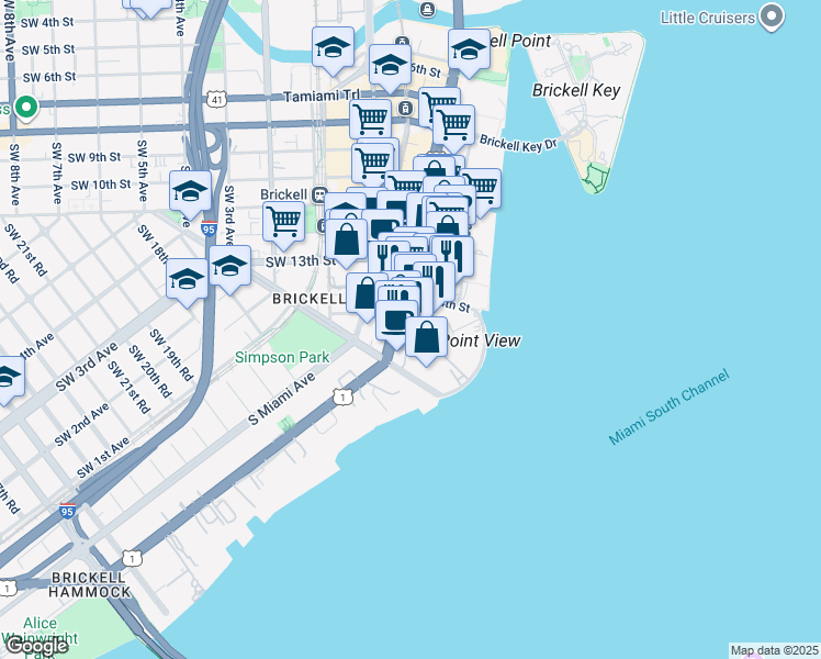 map of restaurants, bars, coffee shops, grocery stores, and more near 1401 Brickell Avenue in Miami
