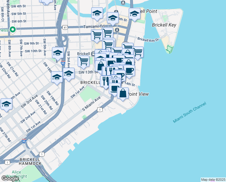 map of restaurants, bars, coffee shops, grocery stores, and more near 1428 Brickell Avenue in Miami