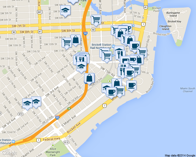 map of restaurants, bars, coffee shops, grocery stores, and more near 126 Southwest 17th Road in Miami