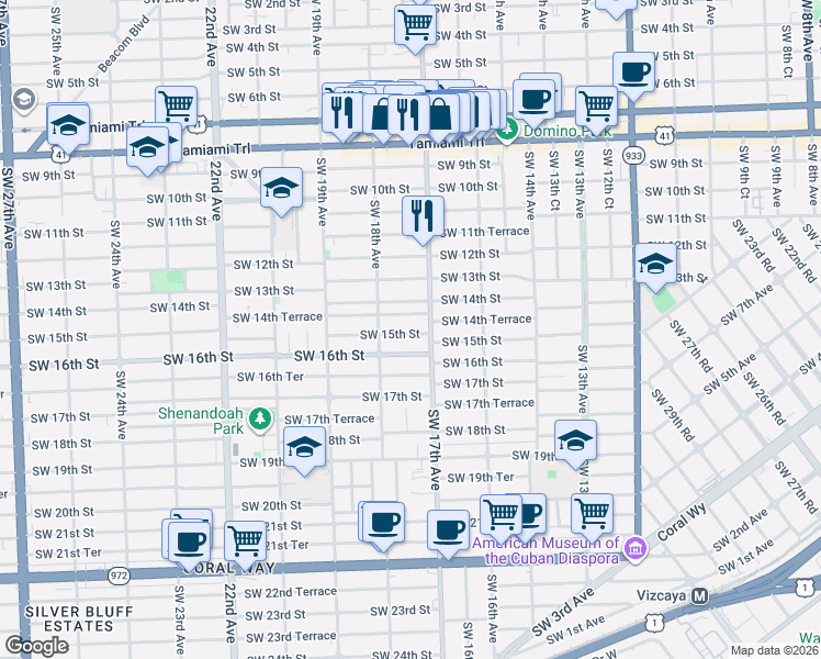 map of restaurants, bars, coffee shops, grocery stores, and more near 1728 Southwest 14th Terrace in Miami