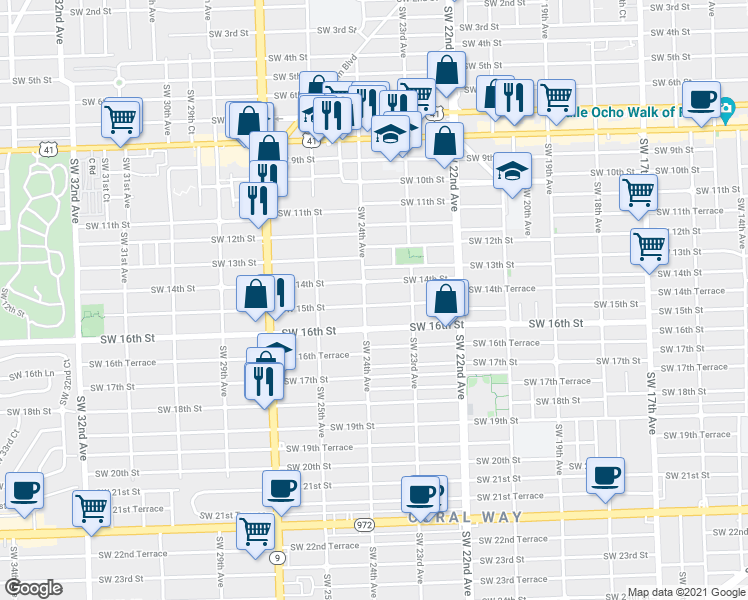 map of restaurants, bars, coffee shops, grocery stores, and more near 2350 Southwest 14th Street in Miami