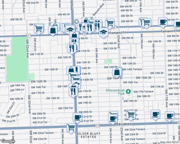 map of restaurants, bars, coffee shops, grocery stores, and more near 2490 Southwest 14th Street in Miami