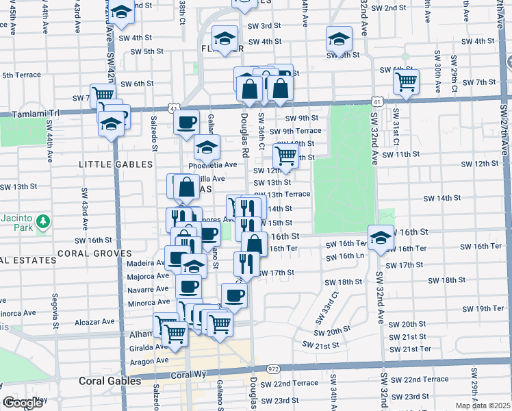 map of restaurants, bars, coffee shops, grocery stores, and more near 3682 Southwest 13th Terrace in Miami