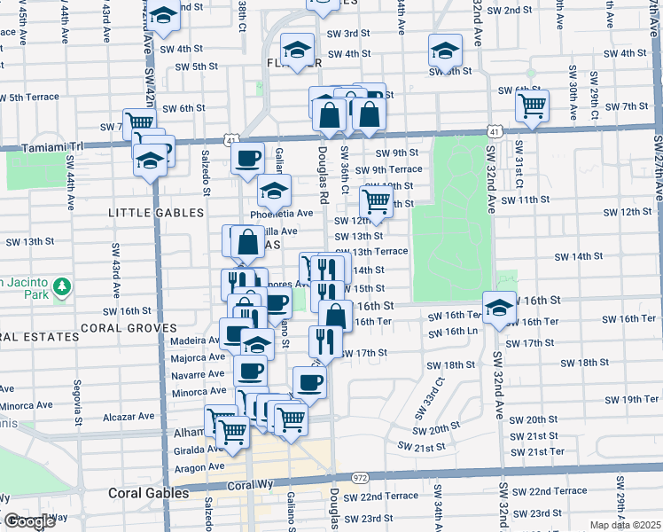 map of restaurants, bars, coffee shops, grocery stores, and more near 3682 Southwest 13th Terrace in Miami