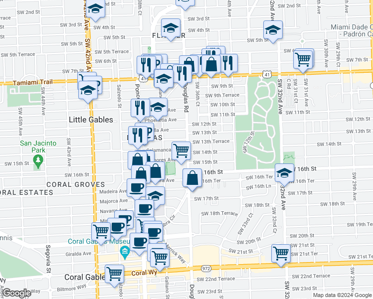 map of restaurants, bars, coffee shops, grocery stores, and more near 3682 Southwest 13th Terrace in Miami