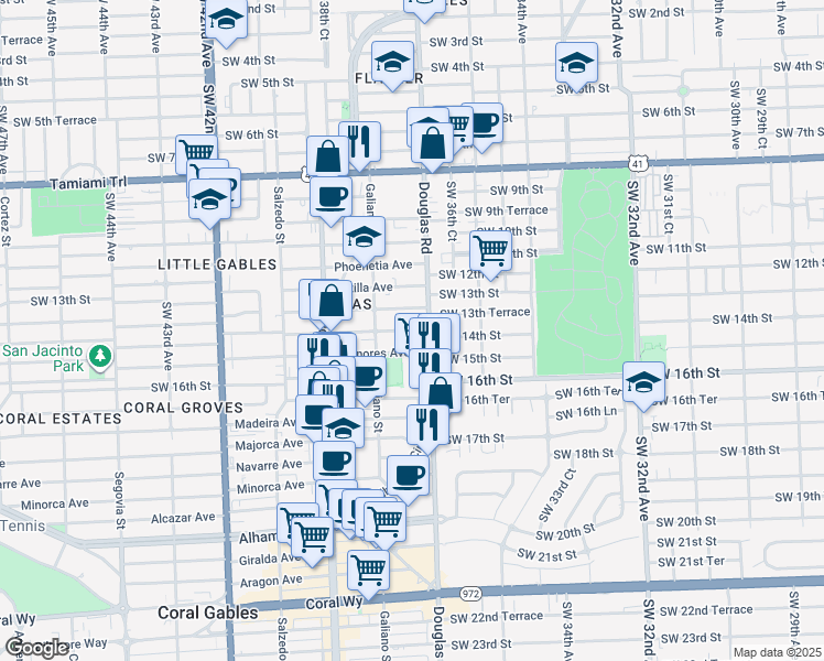 map of restaurants, bars, coffee shops, grocery stores, and more near 24 Sidonia Avenue in Coral Gables