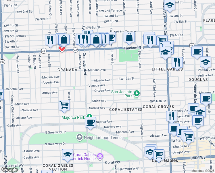 map of restaurants, bars, coffee shops, grocery stores, and more near 829 Venetia Avenue in Coral Gables