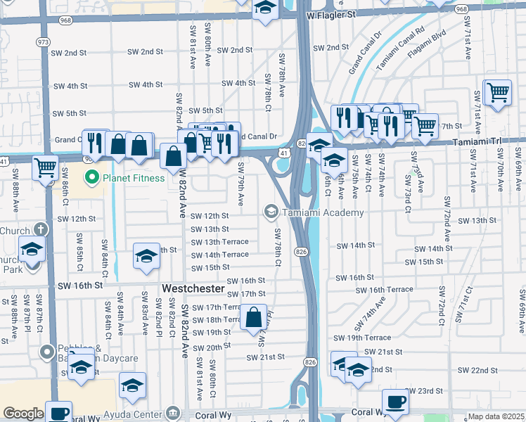 map of restaurants, bars, coffee shops, grocery stores, and more near 1184 Southwest 78th Place in Miami