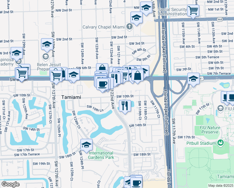 map of restaurants, bars, coffee shops, grocery stores, and more near 927 Southwest 122nd Avenue in Miami