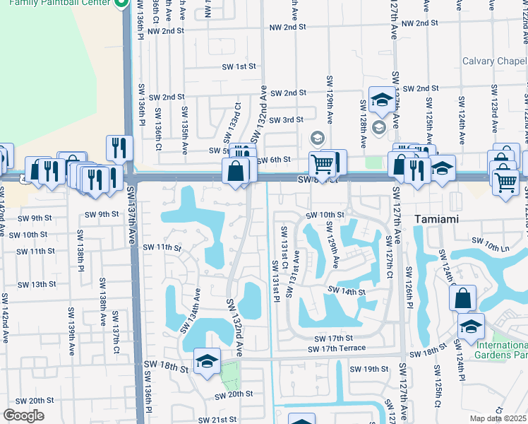 map of restaurants, bars, coffee shops, grocery stores, and more near 13185 Southwest 9th Terrace in Miami