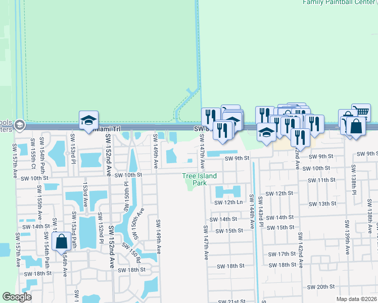 map of restaurants, bars, coffee shops, grocery stores, and more near 14747 Southwest 9th Terrace in Miami