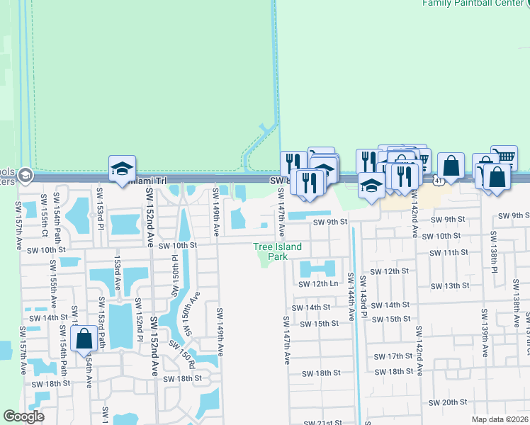 map of restaurants, bars, coffee shops, grocery stores, and more near 14747 Southwest 9th Terrace in Miami