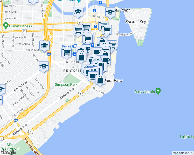 map of restaurants, bars, coffee shops, grocery stores, and more near 1401 Brickell Avenue in Miami