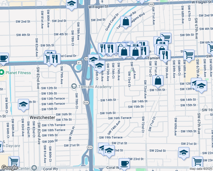 map of restaurants, bars, coffee shops, grocery stores, and more near 1132 Southwest 75th Avenue in Miami