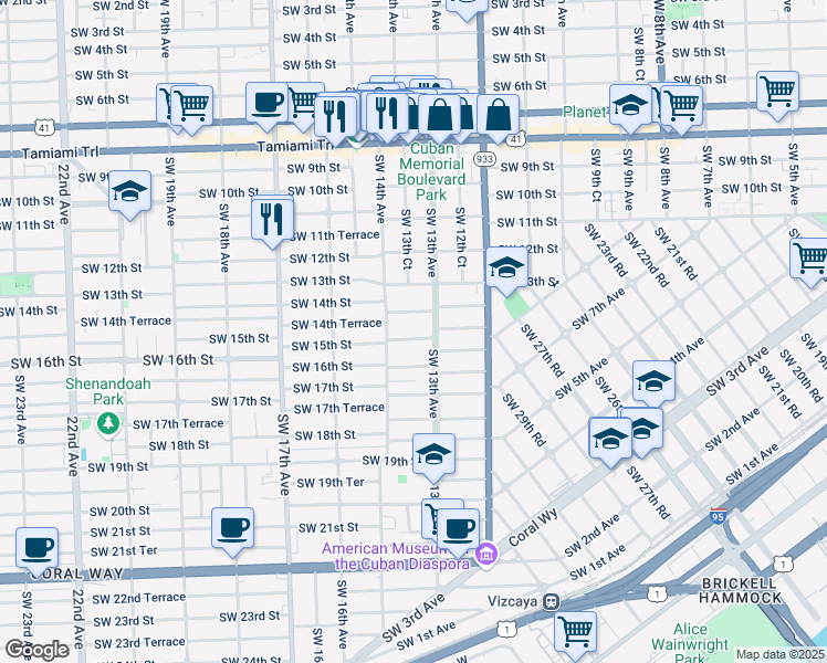 map of restaurants, bars, coffee shops, grocery stores, and more near in Miami
