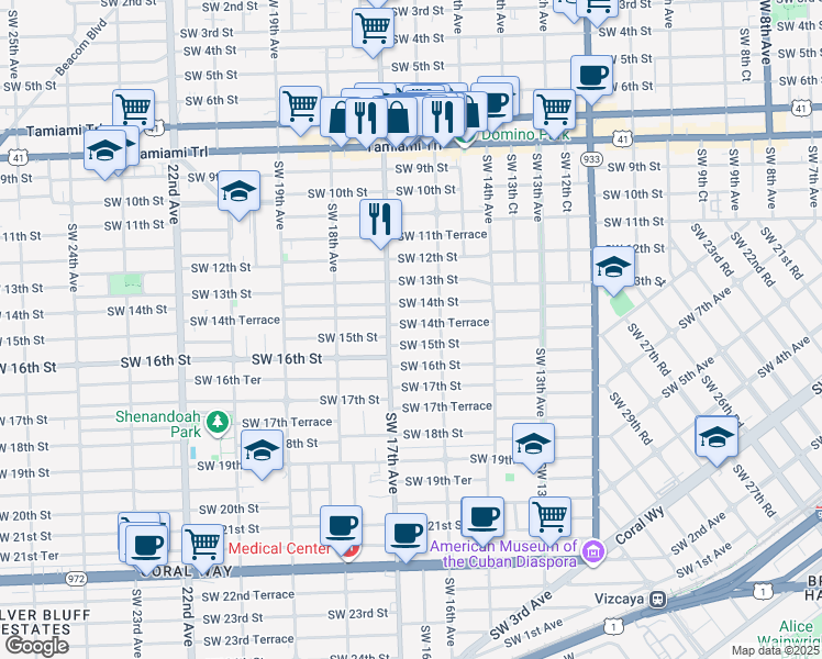 map of restaurants, bars, coffee shops, grocery stores, and more near 1651 Southwest 14th Terrace in Miami
