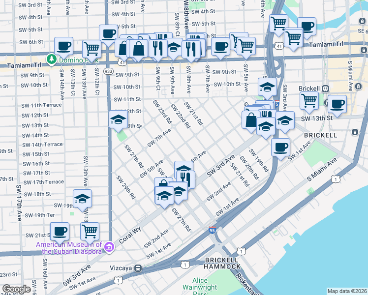 map of restaurants, bars, coffee shops, grocery stores, and more near 500 Southwest 23rd Road in Miami