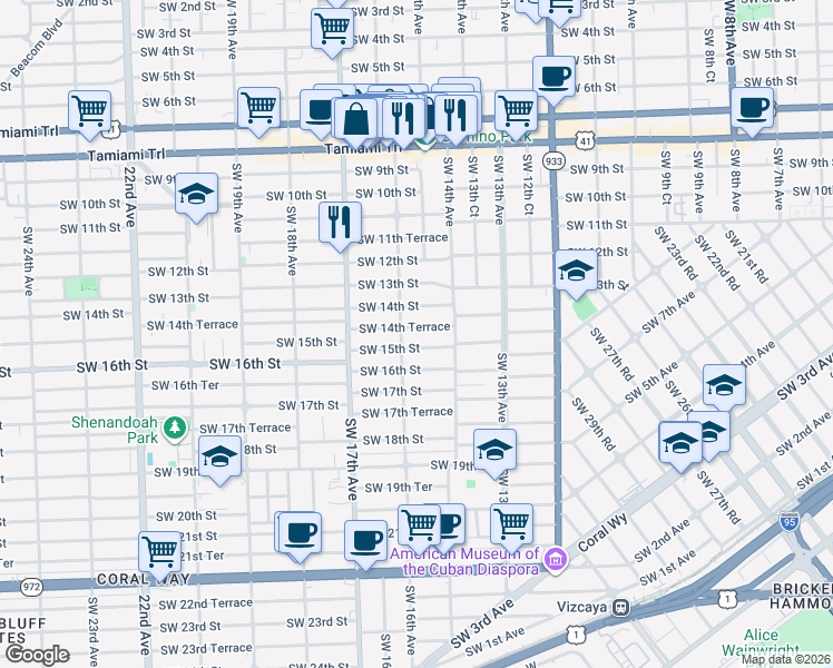 map of restaurants, bars, coffee shops, grocery stores, and more near 1545 Southwest 14th Terrace in Miami