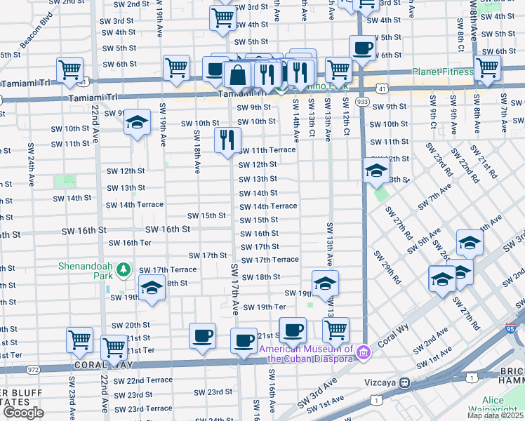 map of restaurants, bars, coffee shops, grocery stores, and more near 1545 Southwest 14th Terrace in Miami