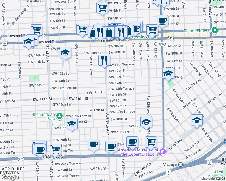 map of restaurants, bars, coffee shops, grocery stores, and more near 1651 Southwest 14th Terrace in Miami