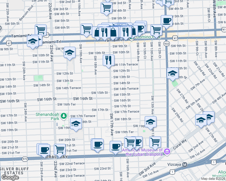 map of restaurants, bars, coffee shops, grocery stores, and more near 1651 Southwest 14th Terrace in Miami