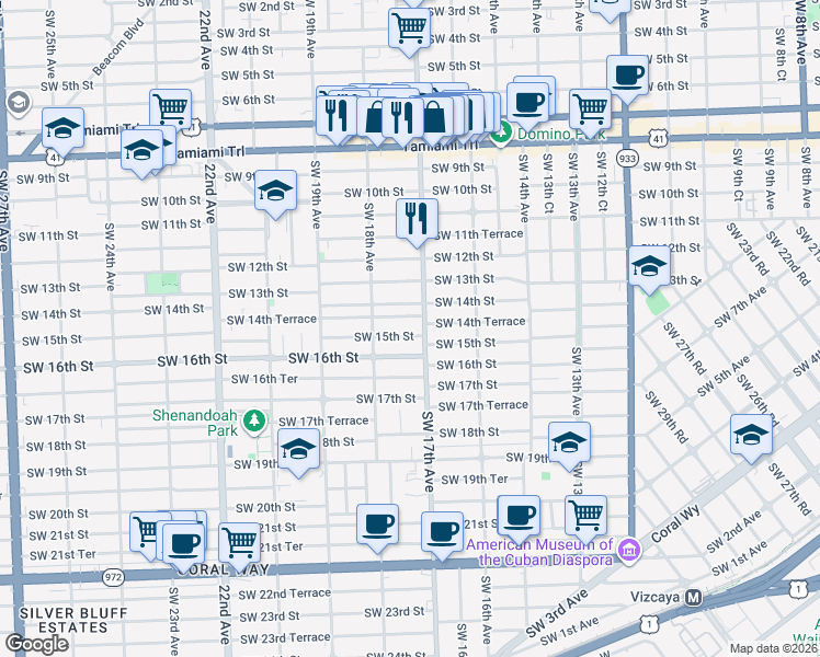 map of restaurants, bars, coffee shops, grocery stores, and more near 1728 Southwest 14th Terrace in Miami