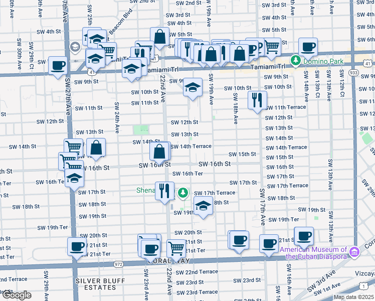 map of restaurants, bars, coffee shops, grocery stores, and more near 2122 Southwest 14th Terrace in Miami