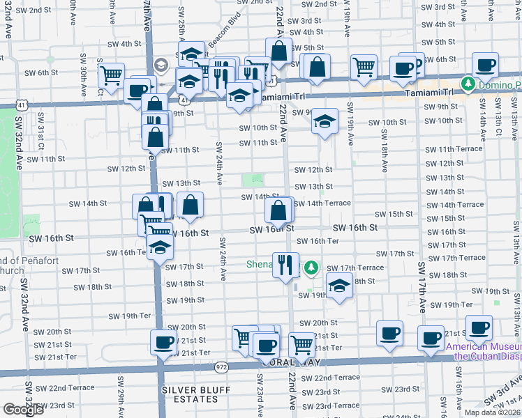 map of restaurants, bars, coffee shops, grocery stores, and more near 2268 Southwest 14th Street in Miami