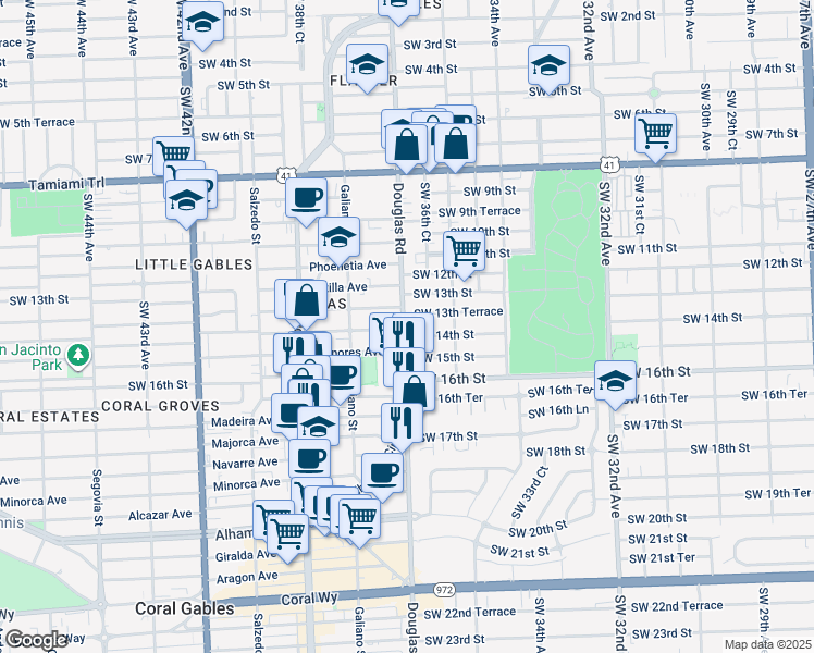 map of restaurants, bars, coffee shops, grocery stores, and more near 3682 Southwest 13th Terrace in Miami