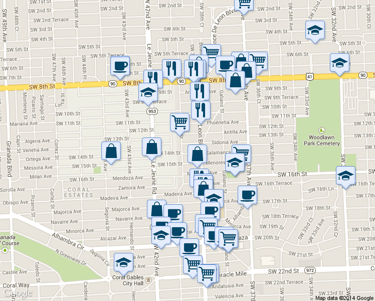 map of restaurants, bars, coffee shops, grocery stores, and more near 1301 Salzedo Street in Coral Gables