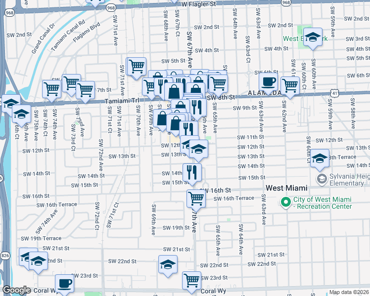 map of restaurants, bars, coffee shops, grocery stores, and more near 1200 Ludlam Road in Miami