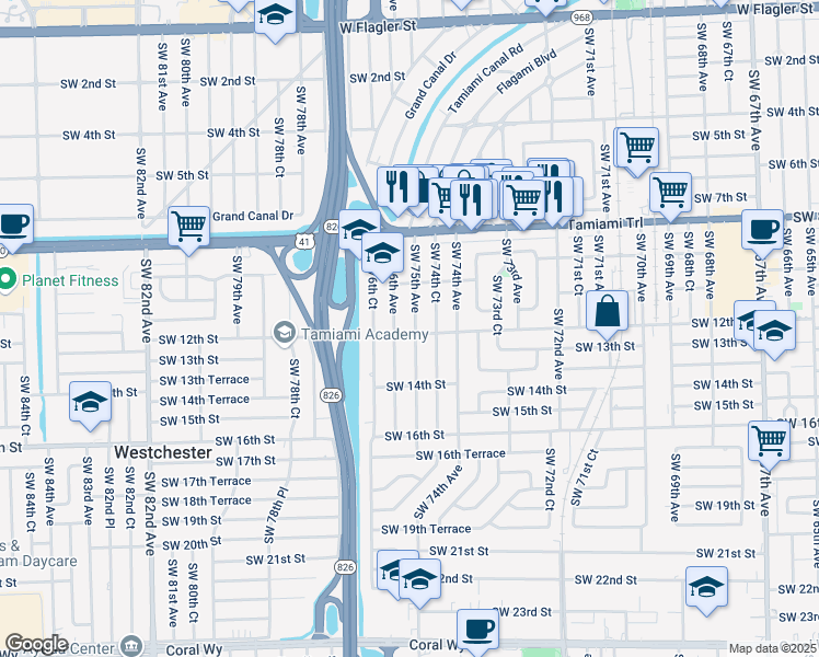 map of restaurants, bars, coffee shops, grocery stores, and more near 1132 Southwest 75th Avenue in Miami