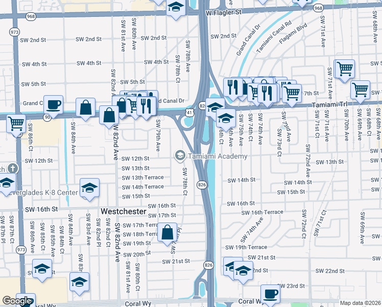 map of restaurants, bars, coffee shops, grocery stores, and more near 1125 Southwest 78th Court in Miami