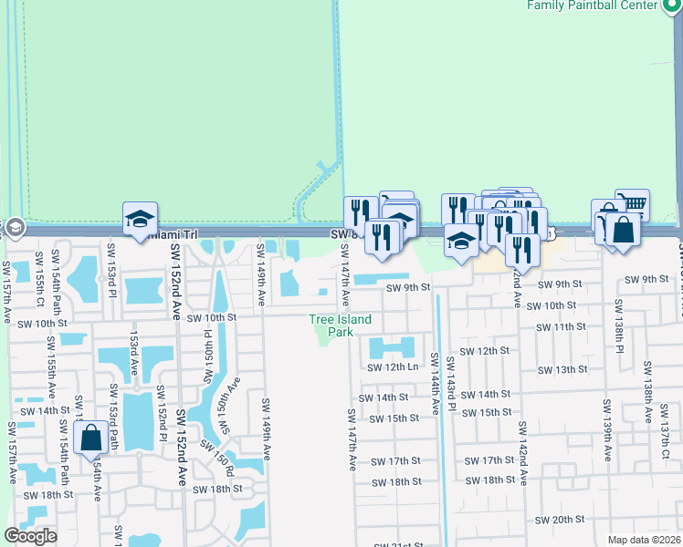 map of restaurants, bars, coffee shops, grocery stores, and more near 901 Southwest 147th Court in Miami