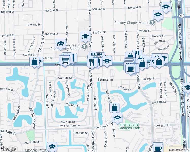 map of restaurants, bars, coffee shops, grocery stores, and more near 900 Southwest 126th Avenue in Miami